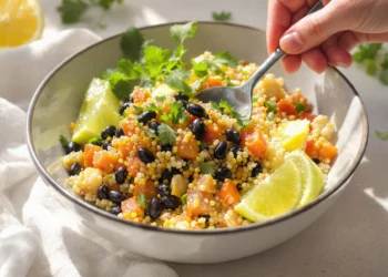 Vegetarian burrito bowl with quinoa and black beans, colorful, fresh, and quick to prepare.