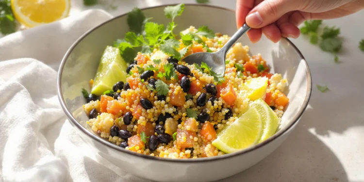 Vegetarian burrito bowl with quinoa and black beans, colorful, fresh, and quick to prepare.