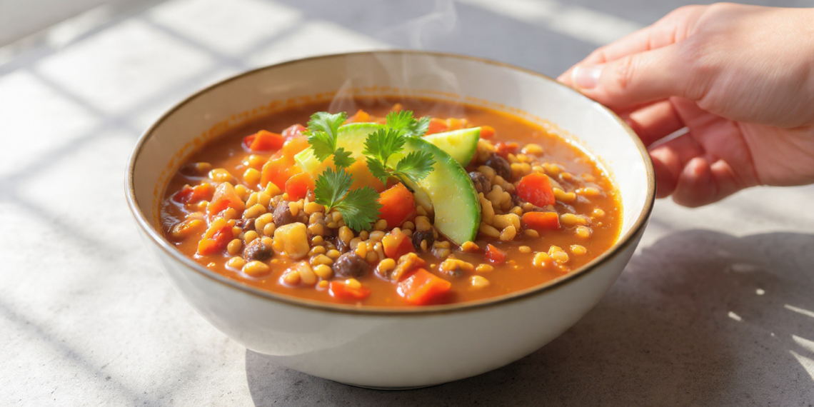 Quick vegetarian chili with beans and vegetables, hearty and ready in 30 minutes.