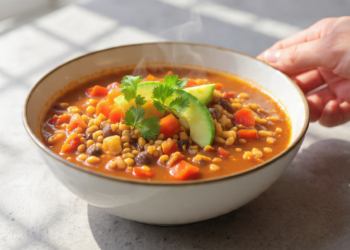 Quick vegetarian chili with beans and vegetables, hearty and ready in 30 minutes.