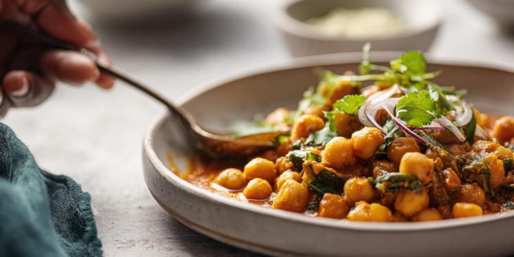 Vegetarian chickpea curry with spices and vegetables, quick and ready in 30 minutes.