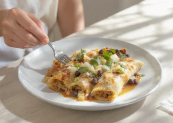 Vegetarian enchiladas with canned beans, quick to prepare and topped with melted cheese.