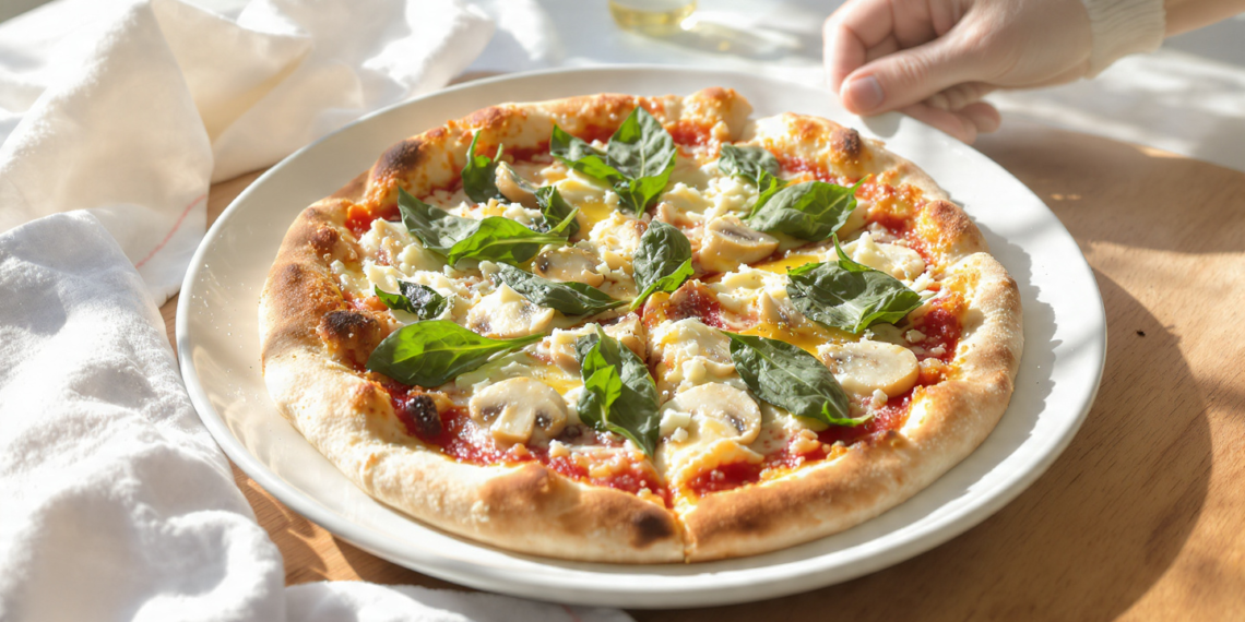 Quick vegetarian pizza using store-bought dough, topped with vegetables and melted cheese.