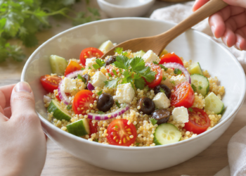 Mediterranean quinoa salad with fresh vegetables and herbs, quick and easy vegetarian dish.