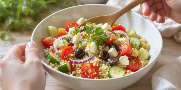 Mediterranean quinoa salad with fresh vegetables and herbs, quick and easy vegetarian dish.