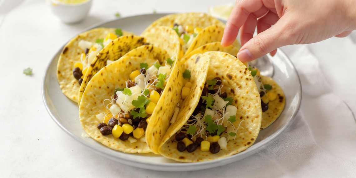 Vegetarian tacos with black beans and corn, colorful, fresh, and quick to prepare.