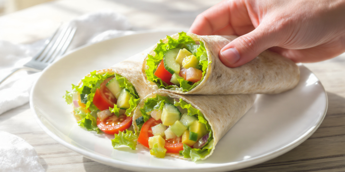 Quick vegetarian wraps with fresh vegetables and spreads, perfect for an easy lunch on the go.