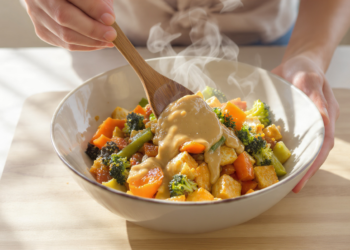 Vegetarian stir-fry with tofu, colorful vegetables, and peanut sauce, quick and easy to prepare.
