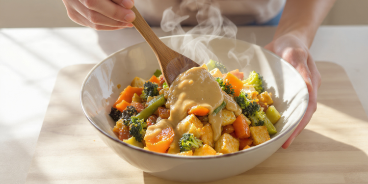Vegetarian stir-fry with tofu, colorful vegetables, and peanut sauce, quick and easy to prepare.