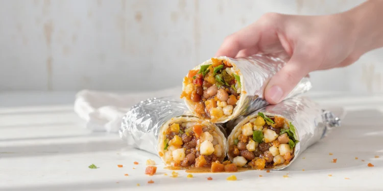 Budget bean burritos with black beans, rice, cheese, and vegetables on plate with salsa