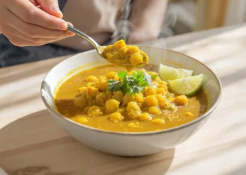 Budget-friendly chickpea curry bowl with rice and naan bread