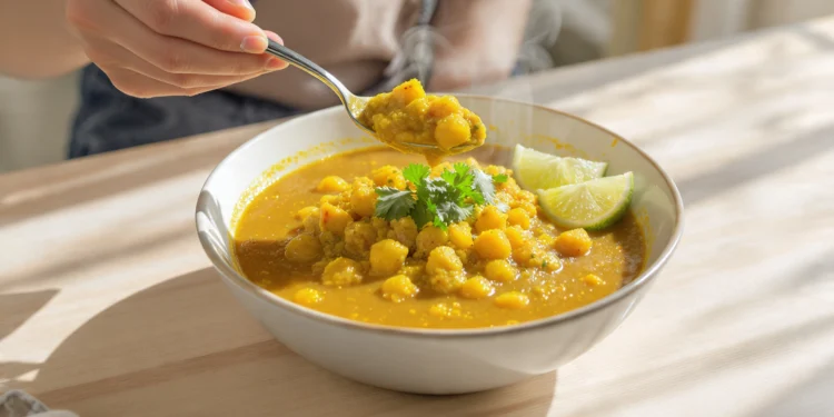 Budget-friendly chickpea curry bowl with rice and naan bread