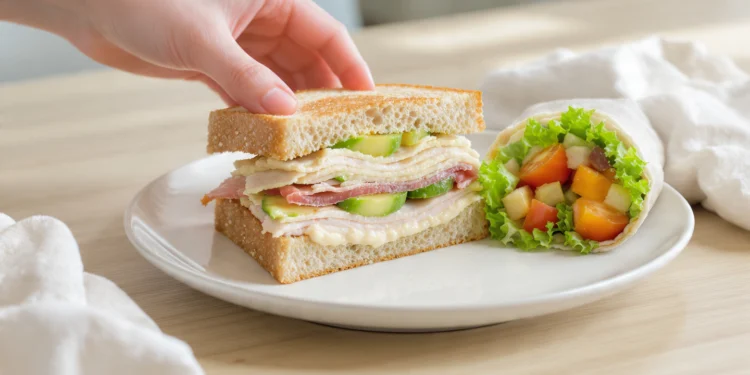 Budget-friendly sandwiches and wraps with vegetables and simple fillings, quick low-cost meal idea.