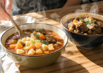 Budget-friendly quick soup or stew with vegetables, beans, and hearty broth served hot for a comforting low-cost meal.