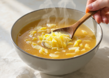 Quick egg drop soup with silky egg ribbons in golden broth: budget-friendly meal in 10 minutes.
