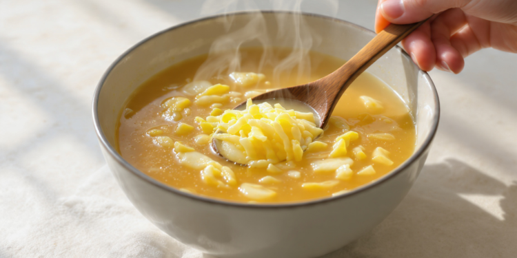 Quick egg drop soup with silky egg ribbons in golden broth: budget-friendly meal in 10 minutes.
