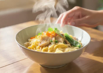 Budget-friendly noodle bowl with vegetables, quick and easy low-cost meal ready in minutes.