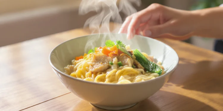 Budget-friendly noodle bowl with vegetables, quick and easy low-cost meal ready in minutes.