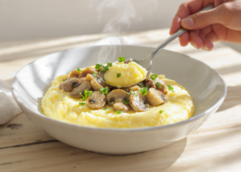 Budget polenta dish with cheese and toppings for quick easy cornmeal meals