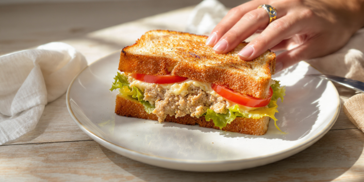 Budget tuna melt sandwich with melted cheese, canned tuna, and toasted bread for quick easy meals