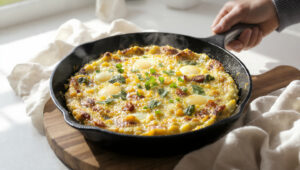 Budget-friendly frittata with eggs, vegetables, and simple ingredients cooked as a quick, affordable meal.