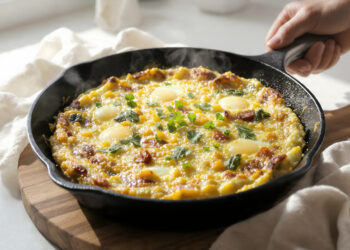 Budget-friendly frittata with eggs, vegetables, and simple ingredients cooked as a quick, affordable meal.