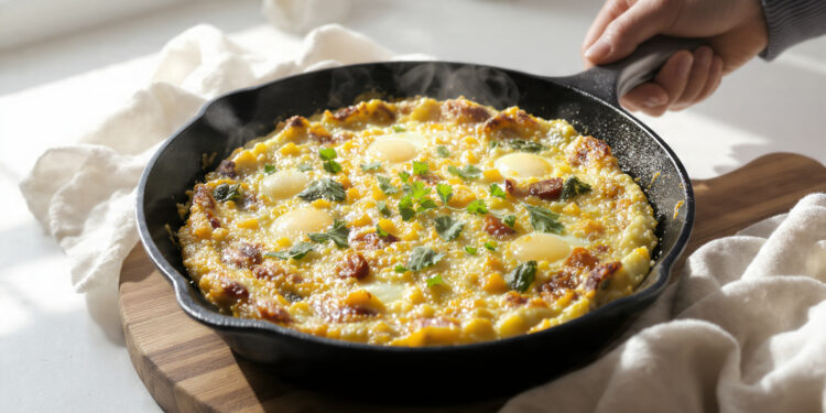 Budget-friendly frittata with eggs, vegetables, and simple ingredients cooked as a quick, affordable meal.