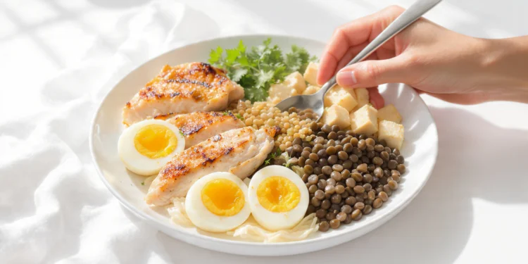 Budget protein sources: eggs, lentils, canned tuna, chicken, Greek yogurt on cutting board