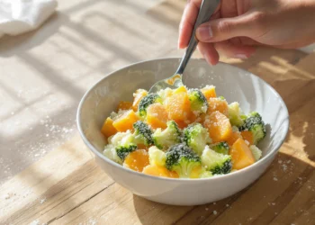 Budget-friendly meal with mixed frozen vegetables and rice, quick and easy low-cost dinner.