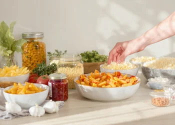 Budget-friendly quick meal made from pantry staples like rice, beans, and canned vegetables in a simple home-cooked dish.