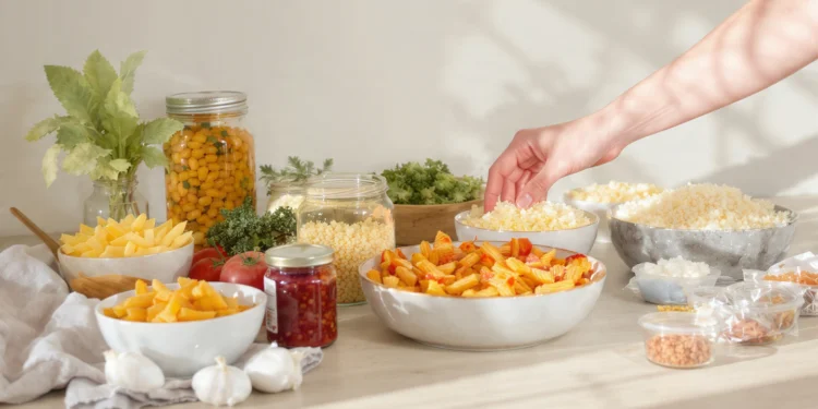 Budget-friendly quick meal made from pantry staples like rice, beans, and canned vegetables in a simple home-cooked dish.