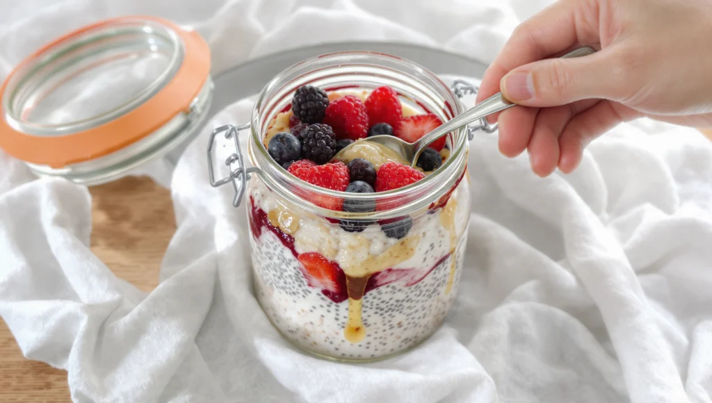 Chia and berry overnight oats with fresh blueberries, raspberries and almonds in glass jar