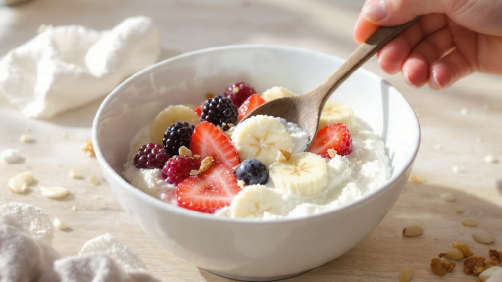 Greek yogurt or cottage cheese bowl with fresh berries, sliced fruit, and mixed nuts on a marble surface
