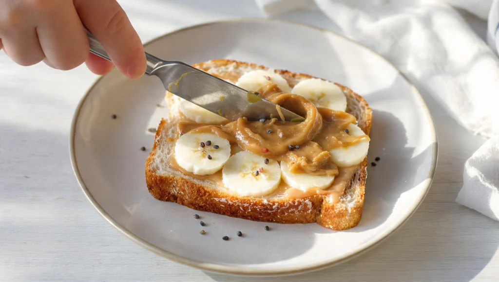 Peanut butter banana toast with honey, chia seeds and nuts on whole grain bread, gourmet breakfast