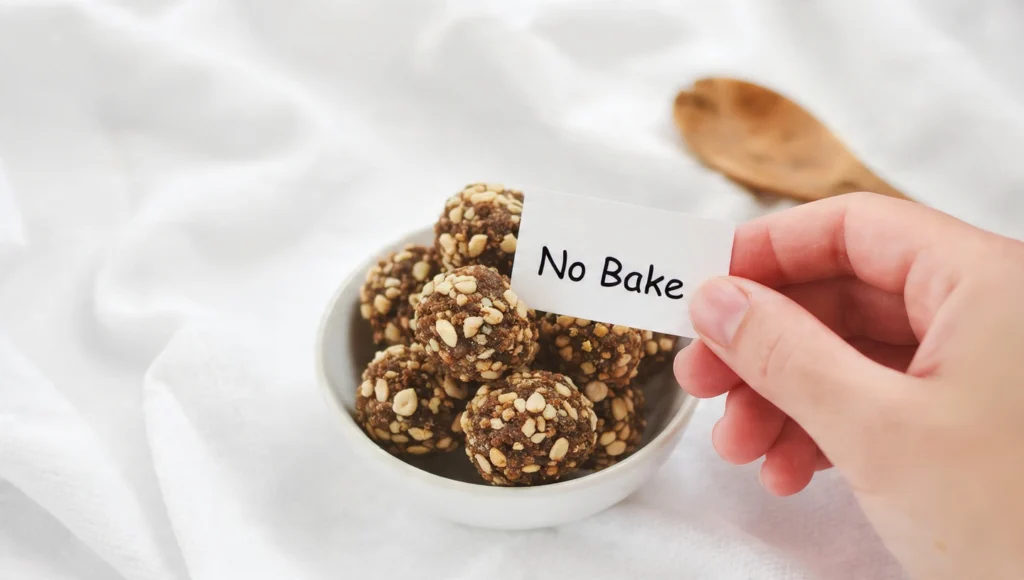 No-bake energy bites with dates, oats and nuts on wooden board, healthy vegan snack recipe