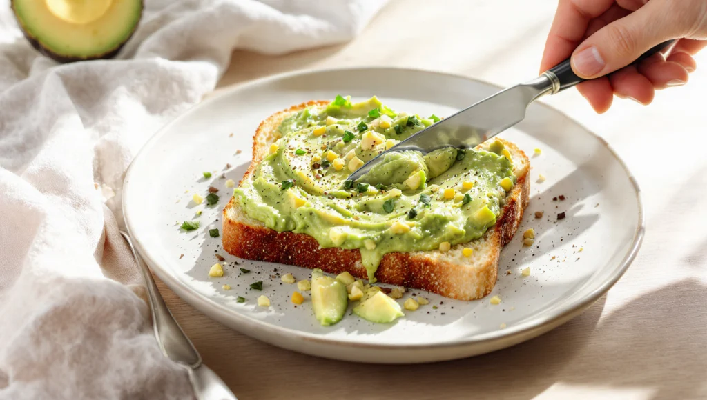Gluten-free avocado toast with everything bagel seasoning on rustic plate, healthy breakfast