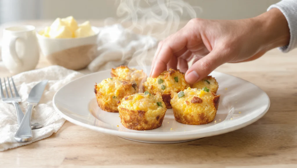 High-protein egg muffins with sausage, cheese and vegetables on plate, filling breakfast bites