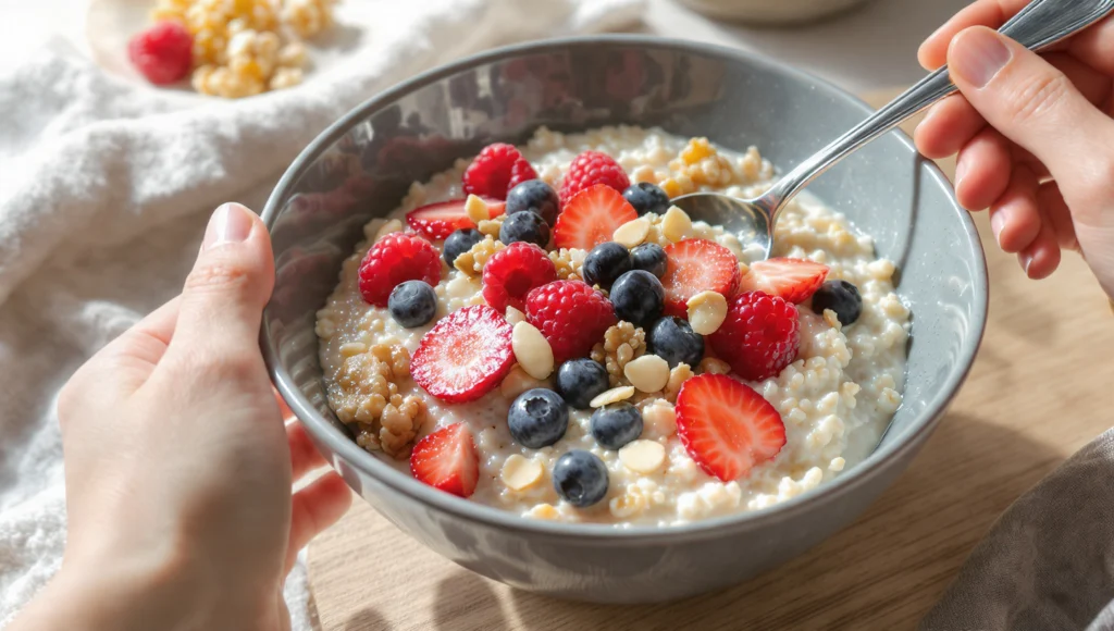 Overnight oats with berries and nuts in jar, make-ahead healthy breakfast with chia seeds
