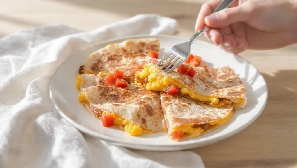 "Breakfast quesadillas with eggs, cheese and bacon cut in triangles on plate, quick morning meal