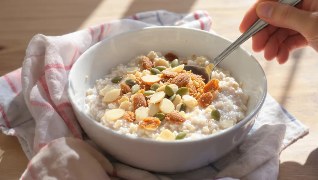 Gluten-free oatmeal bowl with almonds, walnuts, chia seeds and fresh berries, quick breakfast