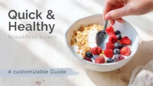 Customizable healthy breakfast bowl with granola, yogurt, berries, and toppings on white background