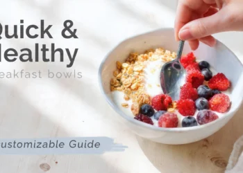 Customizable healthy breakfast bowl with granola, yogurt, berries, and toppings on white background