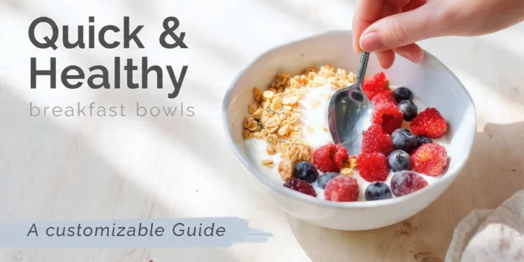 Customizable healthy breakfast bowl with granola, yogurt, berries, and toppings on white background