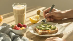 High-protein muscle gain breakfast with eggs, chicken, Greek yogurt and oats on fitness plate
