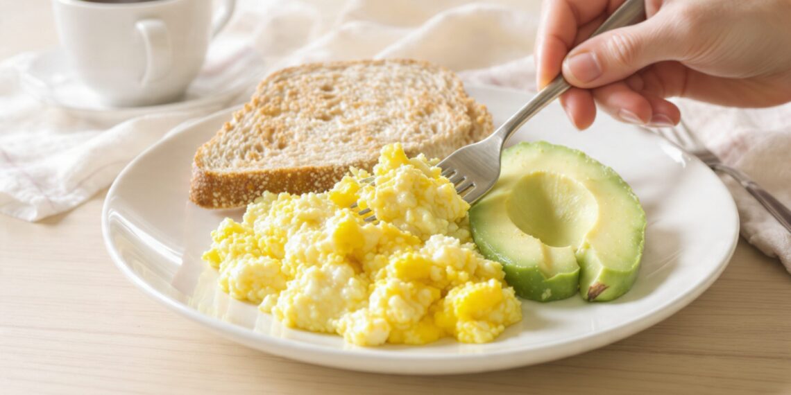 Easy to chew breakfast for seniors with oatmeal, eggs, yogurt, and soft fruits