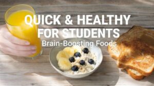 Quick healthy student breakfast with eggs, berries, nuts, and whole grains arranged on a bright table