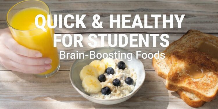 Quick healthy student breakfast with eggs, berries, nuts, and whole grains arranged on a bright table