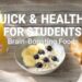 Quick healthy student breakfast with eggs, berries, nuts, and whole grains arranged on a bright table