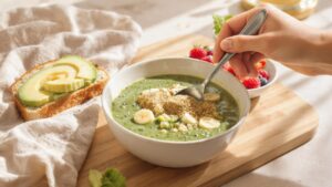 Quick healthy breakfast bowl with superfoods: blueberries, chia seeds, banana, and honey on Greek yogurt