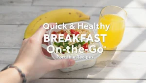 Portable breakfast recipes including burritos, overnight oats, granola bars and fruit packs on table